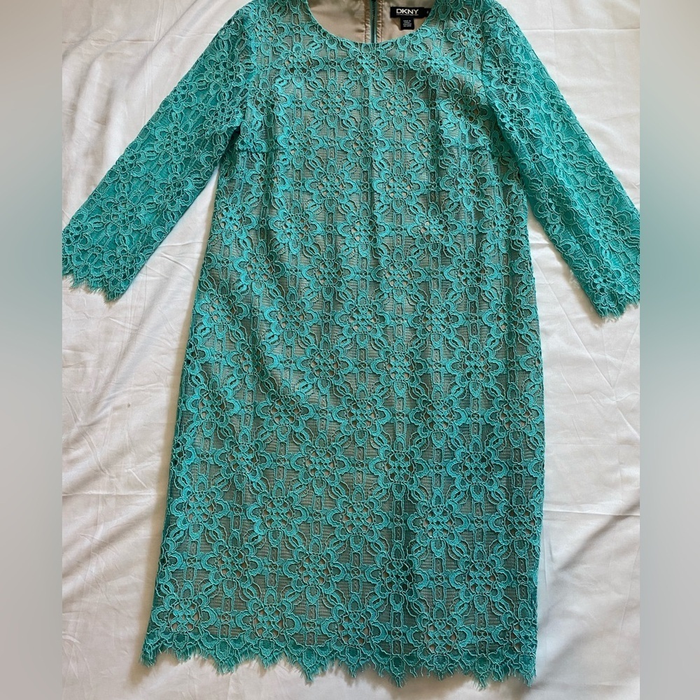 DKNY Lace Cocktail Dress | Aqua Blue Size 4 | Wedding Guest | 3/4 Sleeves - Picture 2 of 11